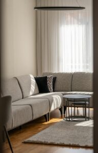 Minimalist Scandinavian living room with gray sofa, black cushions, and bright sunlight filtering through curtains.